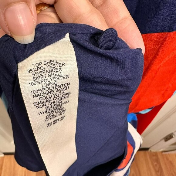 Eliza J Maxi Dress Women 6 Jersey Navy Red Scarf Geometric Sash Flowy A-Line - Picture 13 of 14